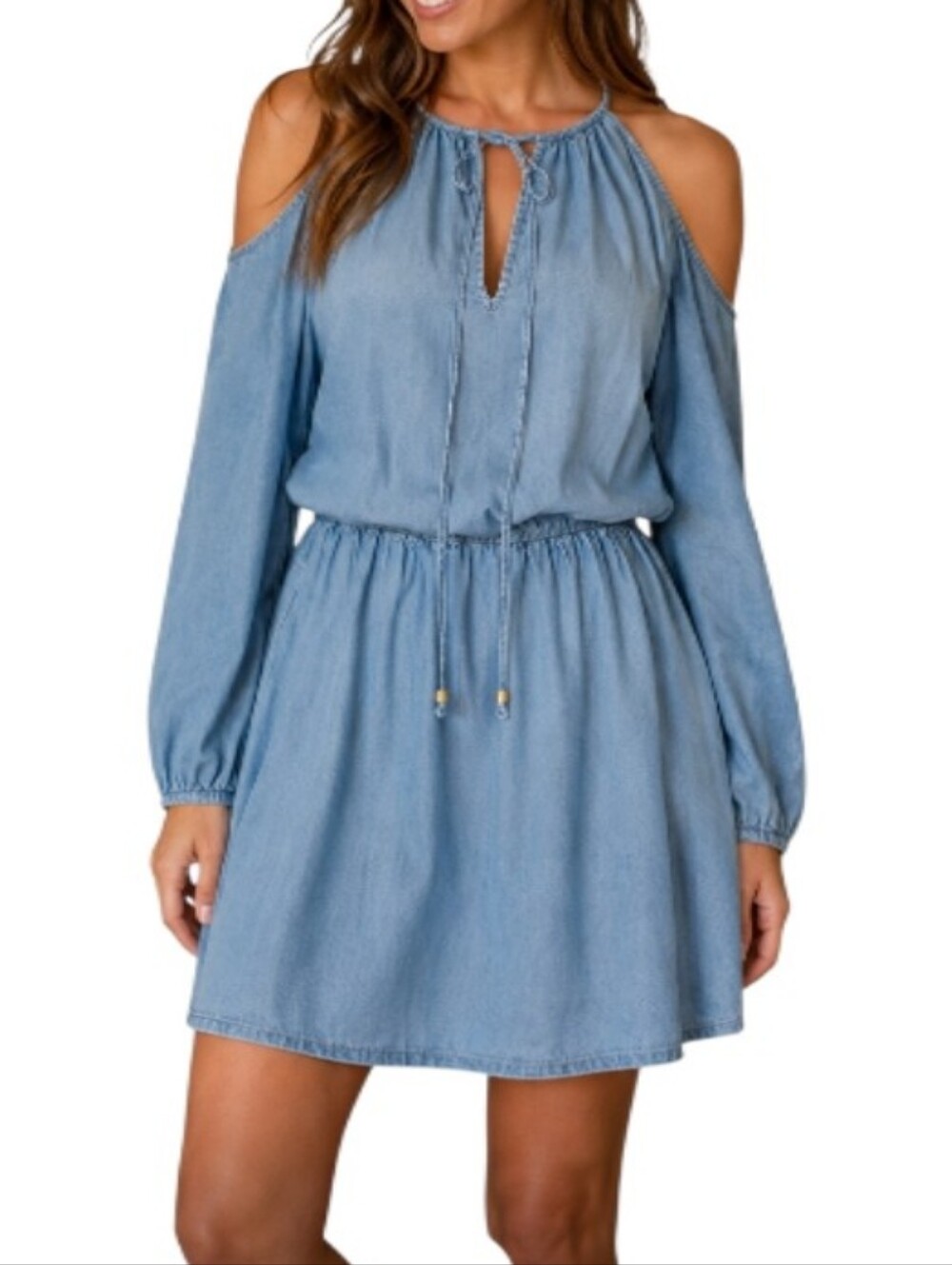 Michael Kors Light Blue Denim Cold-Shoulder Long Sleeve Dress-NWT